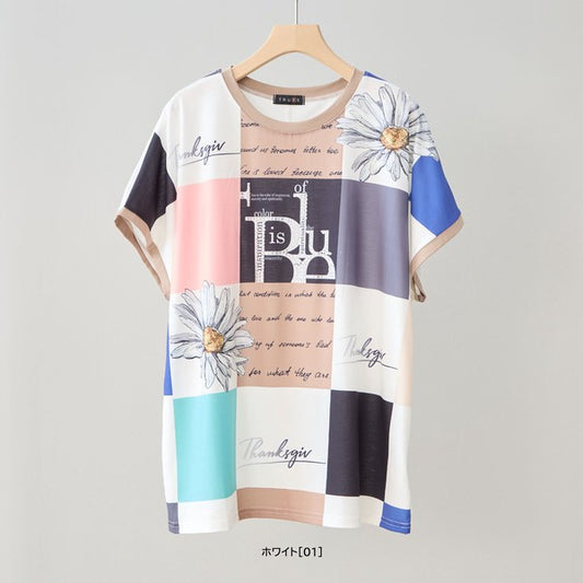 パネル柄 花柄 ロゴ プリント Tシャツ チュニック 半袖 ゆったり L-LL 体型カバー