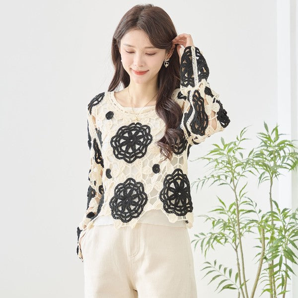 バイカラー フラワー クロシェ レーストップス 透かし編み 長袖 ショート丈 レイヤード