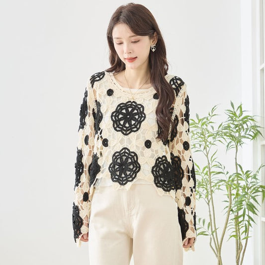 バイカラー フラワー クロシェ レーストップス 透かし編み 長袖 ショート丈 レイヤード