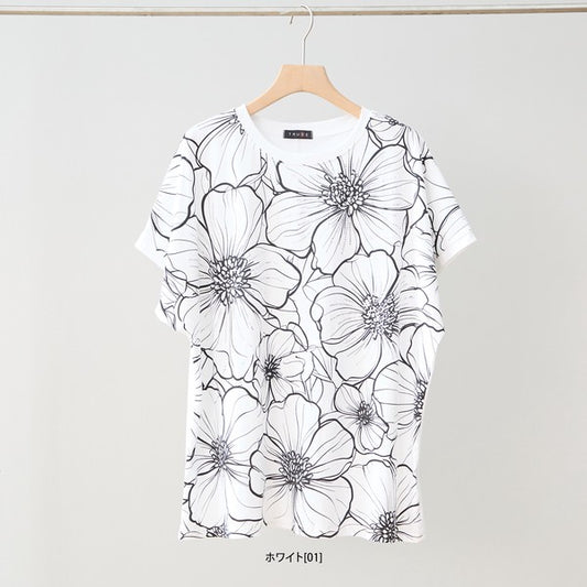 線画風 花柄 プリント Tシャツ チュニック 半袖 ゆったり 体型カバー 着痩せ M-L