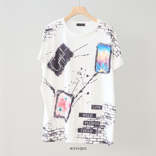 アート柄 コラージュ プリント Tシャツ チュニック 半袖 ゆったり 体型カバー M-L