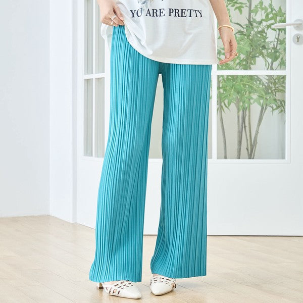 プリーツ ワイドパンツ イージーパンツ ウエストゴム ロング丈 きれいめ 脚長効果