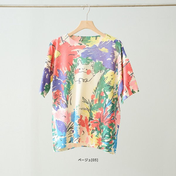 キャット アートプリント サマーニット トップス 半袖 花柄 猫柄 レーヨン混 ゆったり 春夏