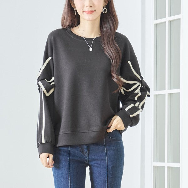 リボンスリーブ デザインプルオーバー 長袖 カットソー リボン ラインテープ ゆったり