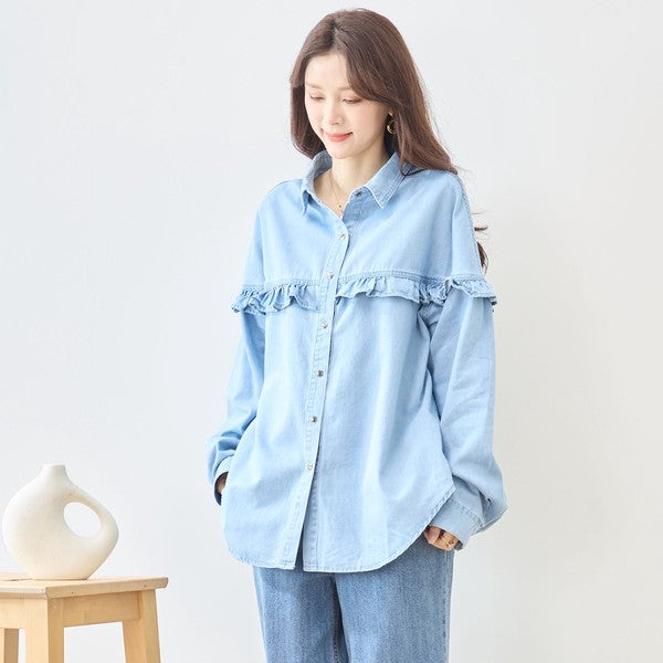 フリル デニムシャツ 長袖 ブラウス 綿100% ゆったり 羽織り カジュアル フェミニン