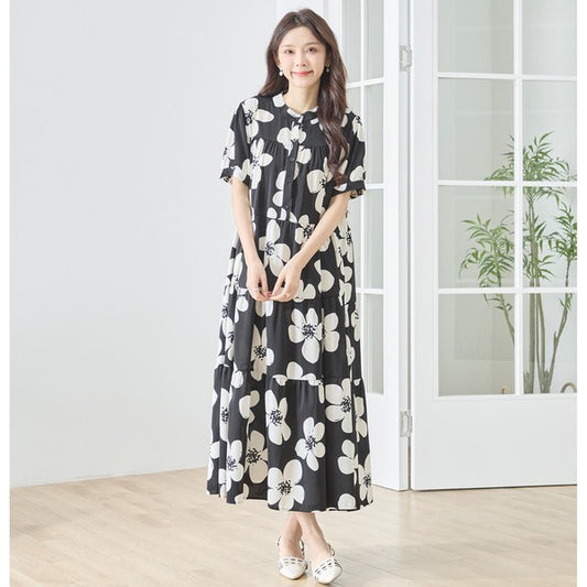 モノトーン 花柄 ティアード ワンピース 半袖 ロング丈 マキシ ゆったり 春 夏