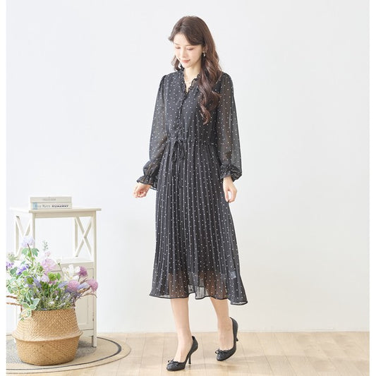 ドット柄 シフォン プリーツワンピース 長袖 Vネック フリル ウエストリボン きれいめ フェミニン