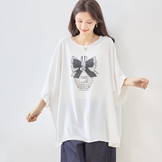 香水瓶 リボン プリント チュニック ドルマンスリーブ 半袖 ゆったり 体型カバー L-LL