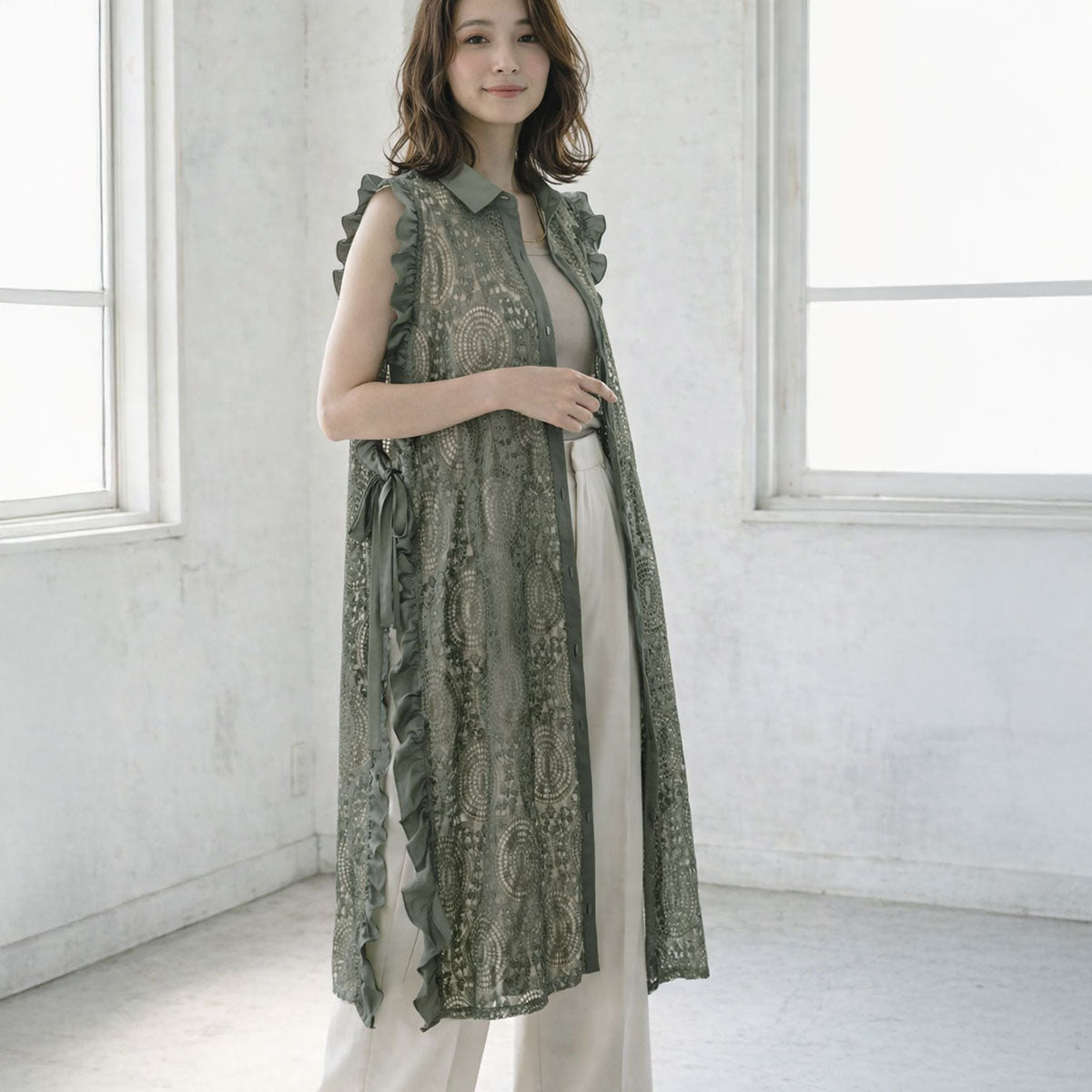 サイドリボン レースベスト ロングベスト ジレ 総レース フリル ゆったり レイヤード 春 夏