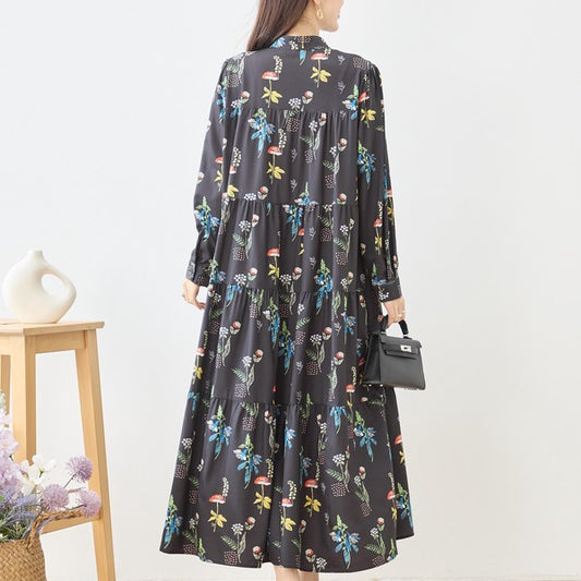 ボタニカルプリント ティアードワンピース 長袖 フロントボタン 花柄 ロング丈 きれいめ 大人カジュアル
