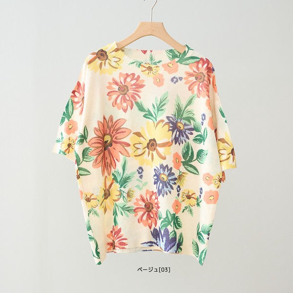 フラワー プリント サマーニット トップス 半袖 大花柄 ボタニカル レーヨン混 ゆったり 春夏