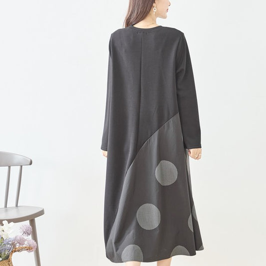 アシンメトリー ドット柄 切替ワンピース 長袖 フレア ゆったり 体型カバー