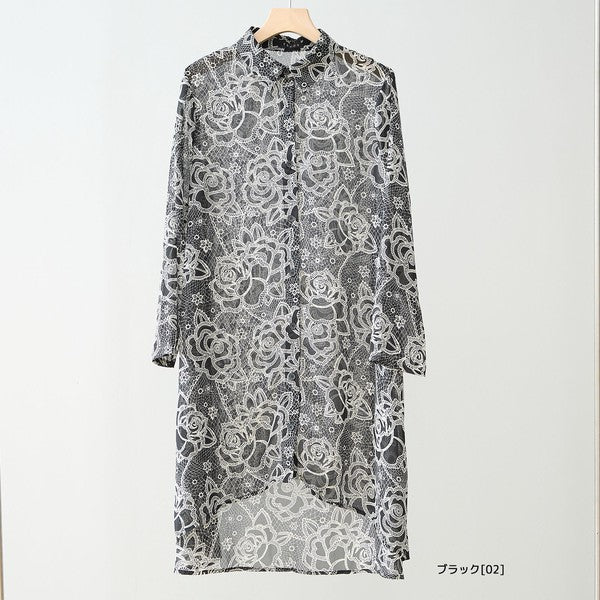 モノトーン フラワー シアーシャツ ロング丈 花柄 羽織り ゆったり 透け感 春夏