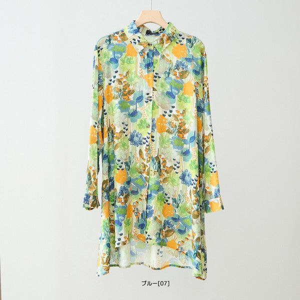 水彩タッチ フラワー柄 ロングシャツ チュニック 長袖 綿100% 羽織り ゆったり 体型カバー 春夏