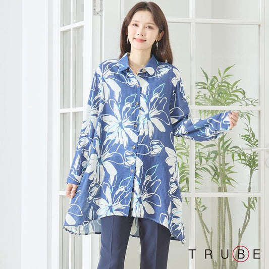 大判 花柄 プリント ロングシャツ チュニック ゆったり 体型カバー 綿100 L-LL