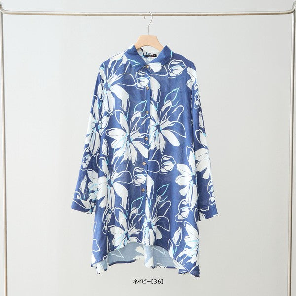 大判 花柄 プリント ロングシャツ チュニック ゆったり 体型カバー 綿100 L-LL