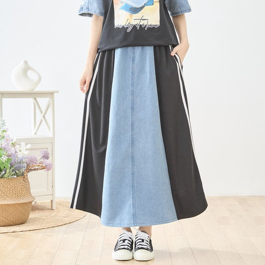 デニム 切替スカート サイドライン フレア ロング丈 ウエストゴム スポーティー カジュアル