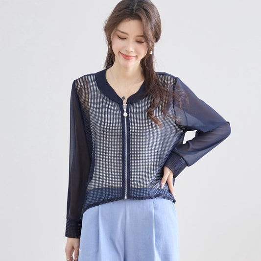 シアー メッシュ ジャケット アシンメトリー 前後差 ジップアップ 羽織り ゆったり 春 夏