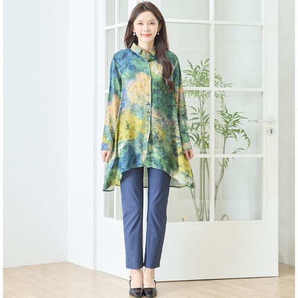 アート柄 プリント ロングシャツ チュニック 長袖 綿100 L~LL 前後差