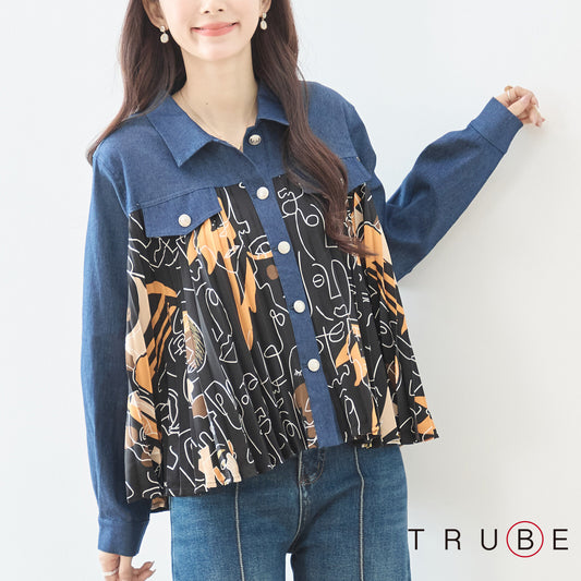 デニム プリーツ 異素材切り替え シャツ ジャケット アート柄 ゆったり 体型カバー