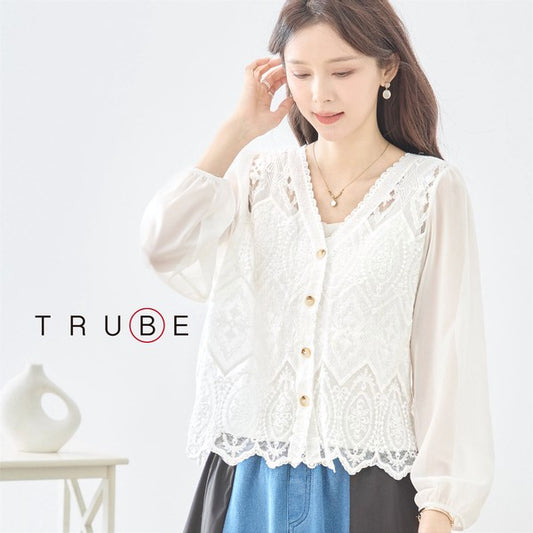 白 無地 レース切替 シフォン カーディガン ブラウス 長袖 Vネック 綿100