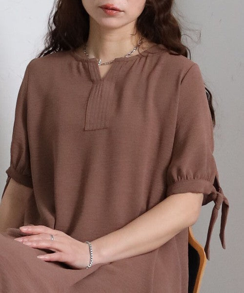 袖リボン キーネック ワンピース 半袖 ゆったり Aライン 体型カバー 膝下丈