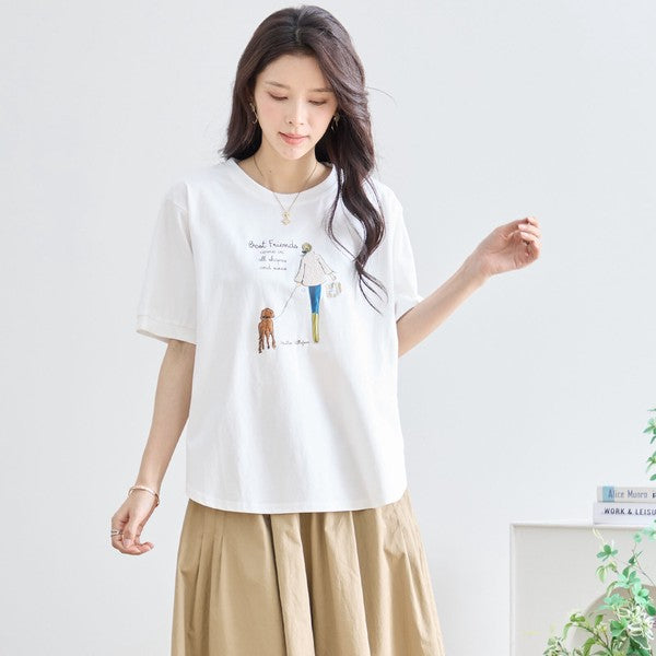 ガール&ドッグ プリント Tシャツ 半袖 ラウンドヘム ゆったり 前後差 綿混 レーヨン 春 夏