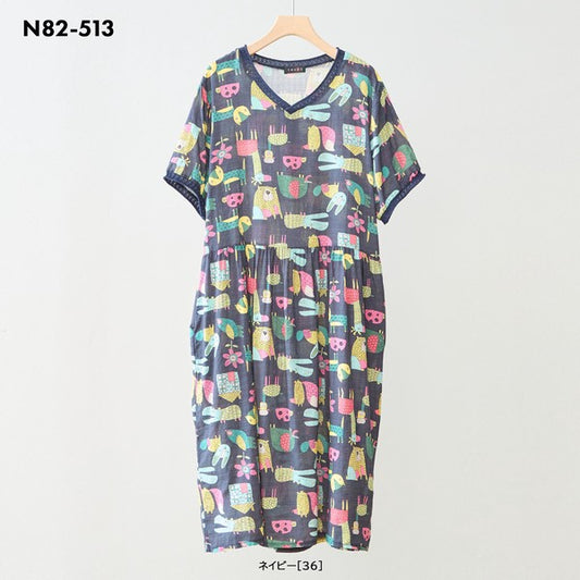 プリント Vネック コットン 半袖 ワンピース 綿100% ゆったり 春 夏 M-L