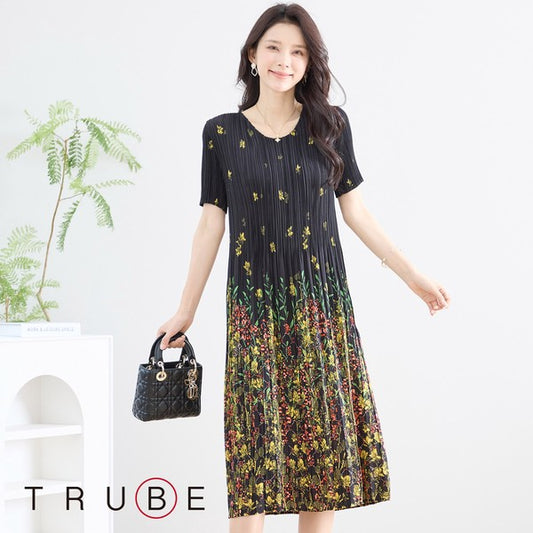 ブラック ボタニカル柄 総プリーツ ワンピース 半袖 ミディ丈 グラデーション