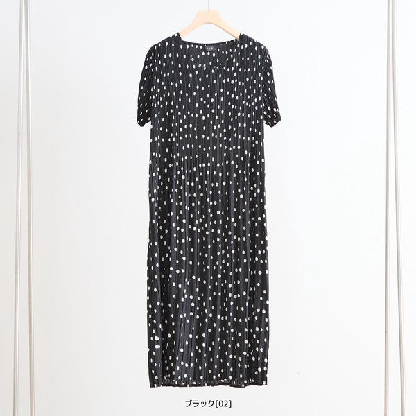 ブラック ドット柄 総プリーツ ワンピース 半袖 ロング マキシ 体型カバー M-L