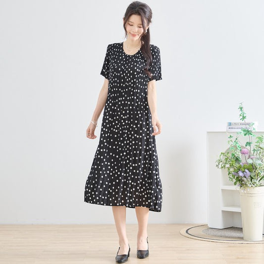 ブラック ドット柄 総プリーツ ワンピース 半袖 ロング マキシ 体型カバー M-L