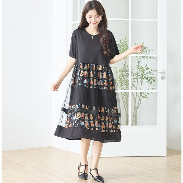 ブラック 異素材切替 チュール ワンピース 半袖 猫柄プリント 重ね着風 M-L