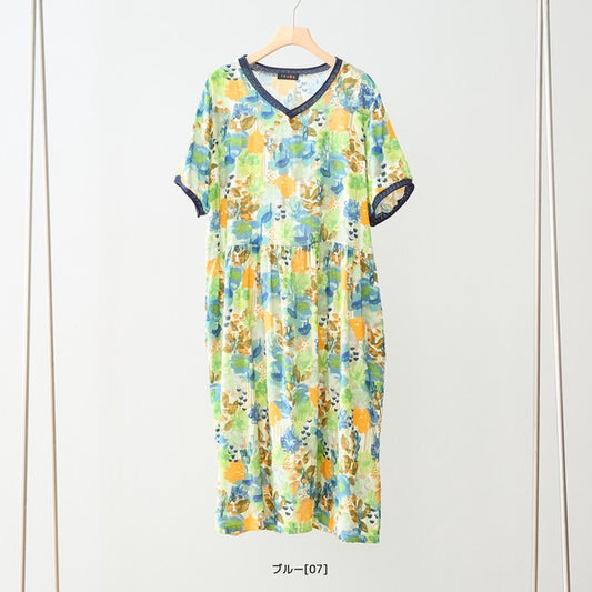 水彩 フラワー プリント Vネック ワンピース 半袖 綿100% ゆったり 春 夏 M-L