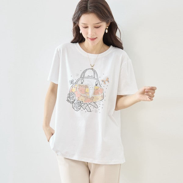 フラワー プリント Tシャツ 半袖 綿混 ストレッチ 涼しい トップス L-LL
