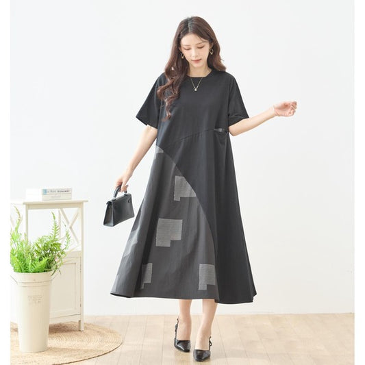 モノトーン スクエア柄 切替 フレア ワンピース 半袖 ゆったり 体型カバー L-LL