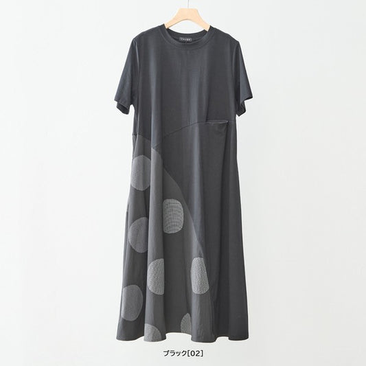 モノトーン 大ドット柄 切替 フレア ワンピース 半袖 ゆったり 体型カバー M-L