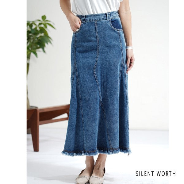 ヴィンテージ ブルー デニム フレア スカート 裾フリンジ M ロング マキシ 綿100