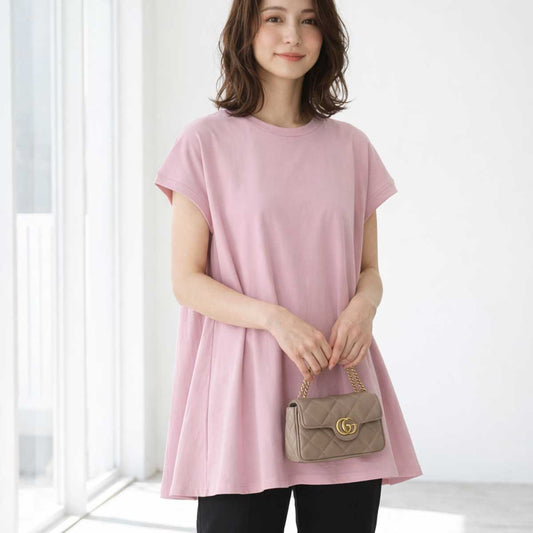 canacreer 綿100% フレンチスリーブ フレア Tシャツ チュニック ピンク Mサイズ