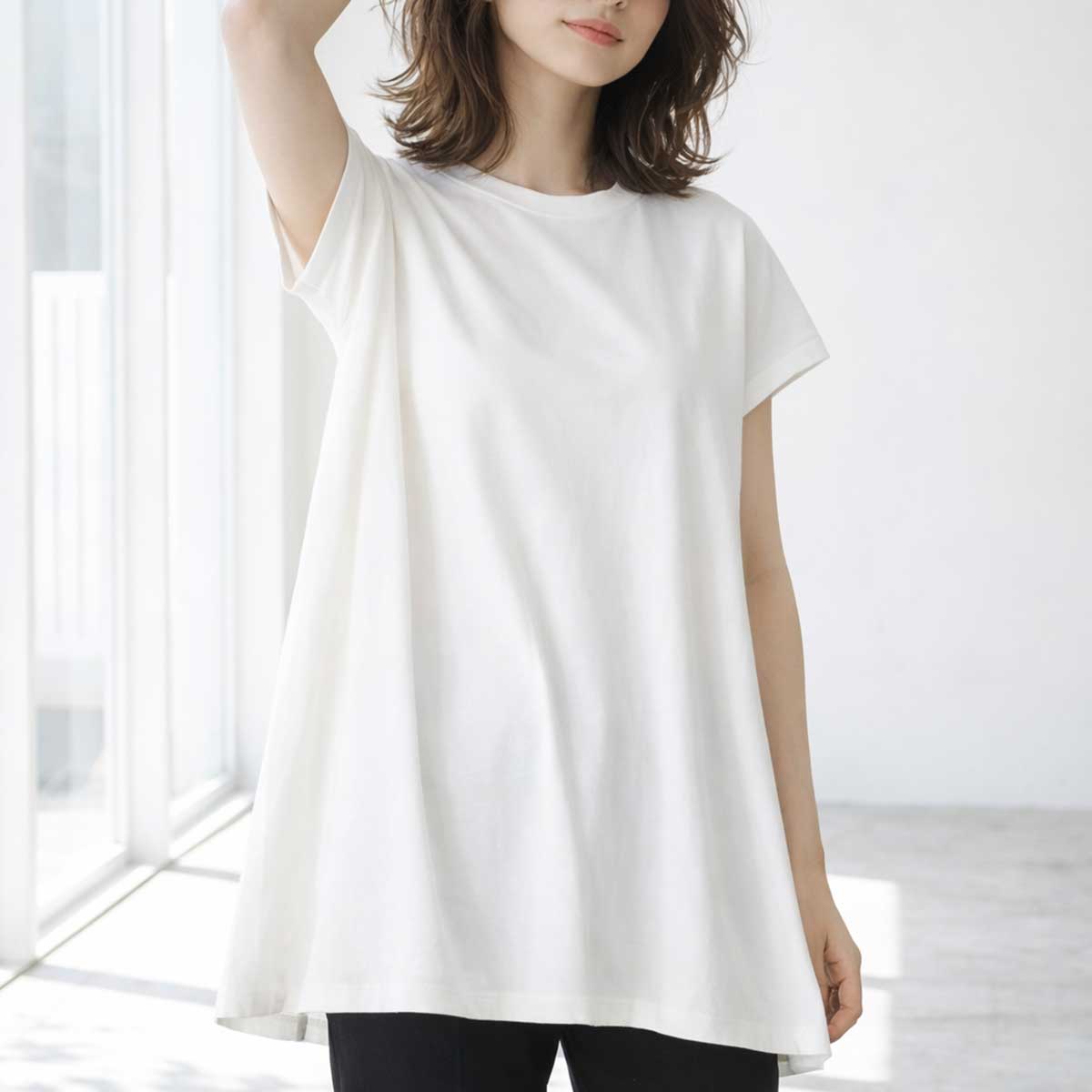 綿100% フレンチスリーブ フレア Tシャツ チュニック ゆったり 体型カバー M