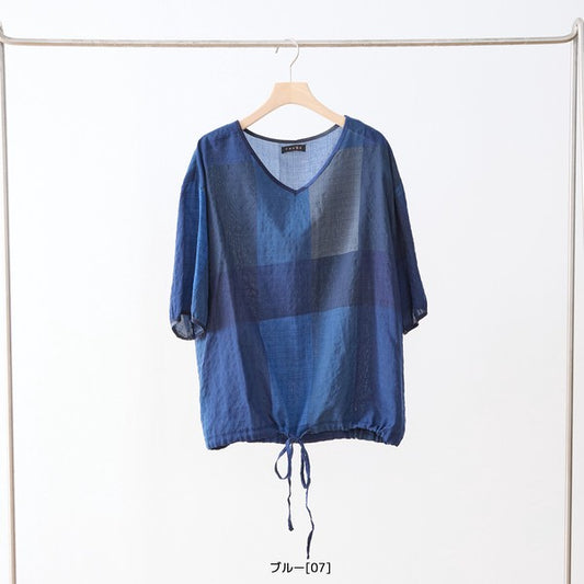 ブロックチェック 綿100% プルオーバー ブラウス Vネック 半袖 ゆったり L-LL