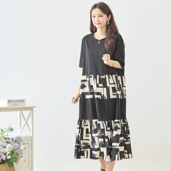 幾何学ブラシプリント ティアード 切替 ワンピース 半袖 ゆったり 体型カバー M-L