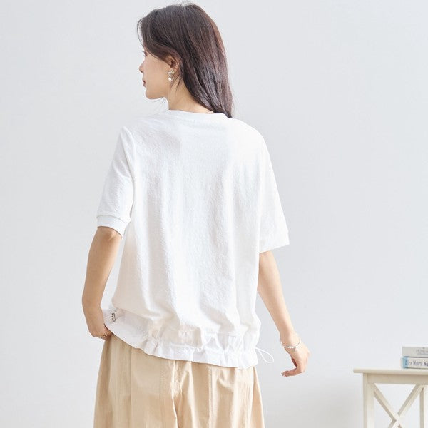 ガールイラスト ドロスト Tシャツ 半袖 異素材 フリル ゆったり 体型カバー