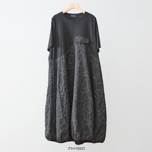 サークル刺繍 切替 バルーン ワンピース 半袖 ゆったり 体型カバー ロング丈 M-L