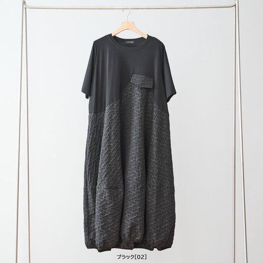 幾何学ジャカード切替バルーンワンピースロング丈半袖ゆったり体型カバー L~LL