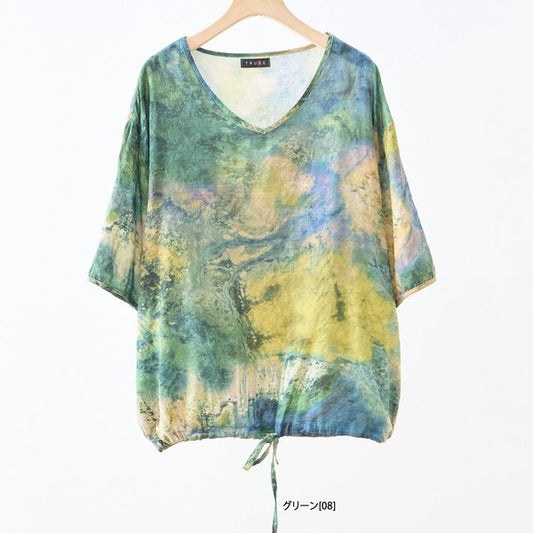 タイダイ風 グリーン フローラル ブラウス 綿100% Vネック ゆったり L-LL