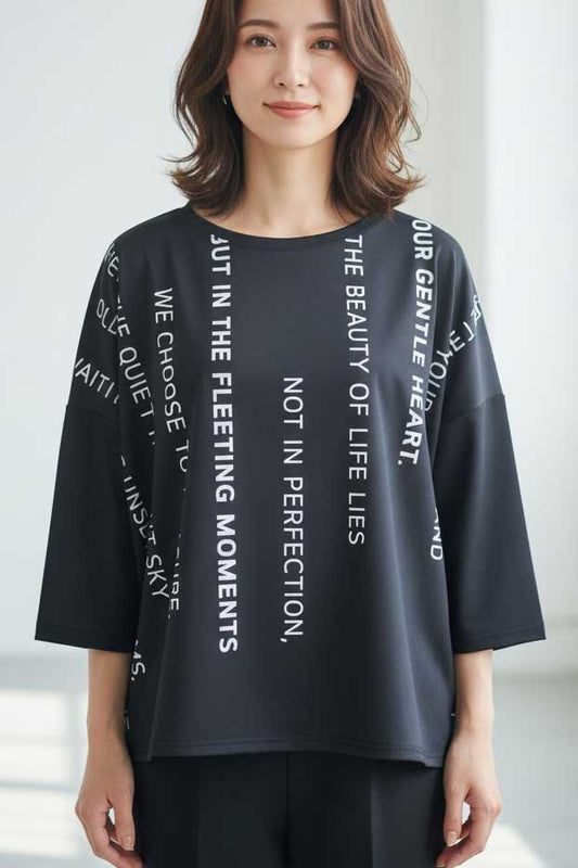 接触冷感 英字 プリント Tシャツ 半袖 ゆったり ドロップショルダー 体型カバー F