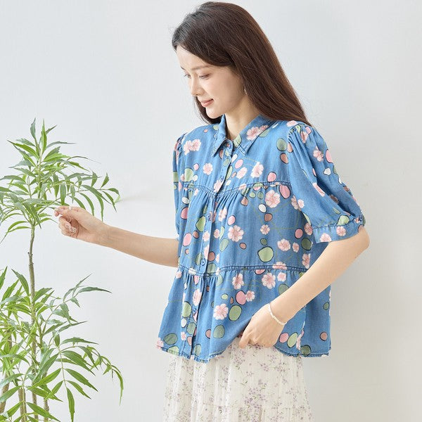 花柄 ドット ティアード ブラウス 綿100% 半袖 パフスリーブ 体型カバー M-L