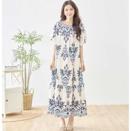 ダマスク柄 シャーリングネック マキシ ワンピース 半袖 ゆったり 体型カバー M-L