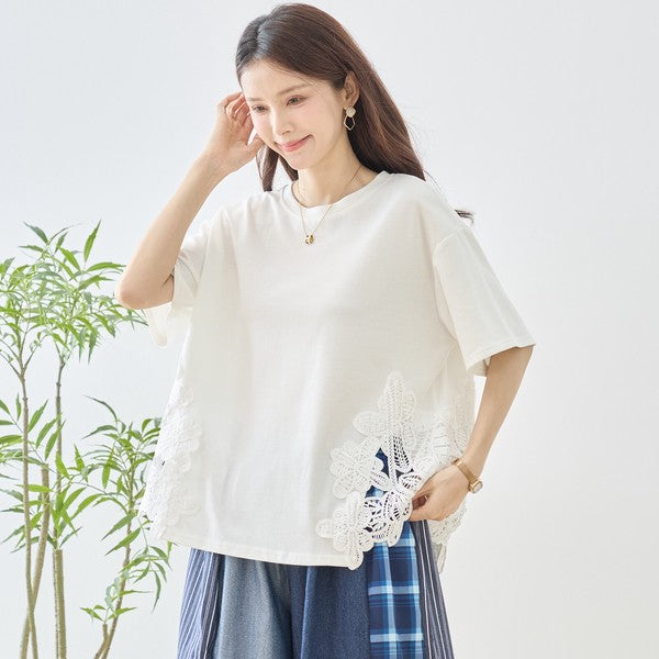 サイドレース 異素材 切替 トップス 半袖 Tシャツ ゆったり 体型カバー L-LL
