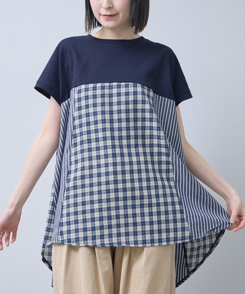 チェック ストライプ 異素材 切替 チュニック Tシャツ 半袖 ゆったり 体型カバー F